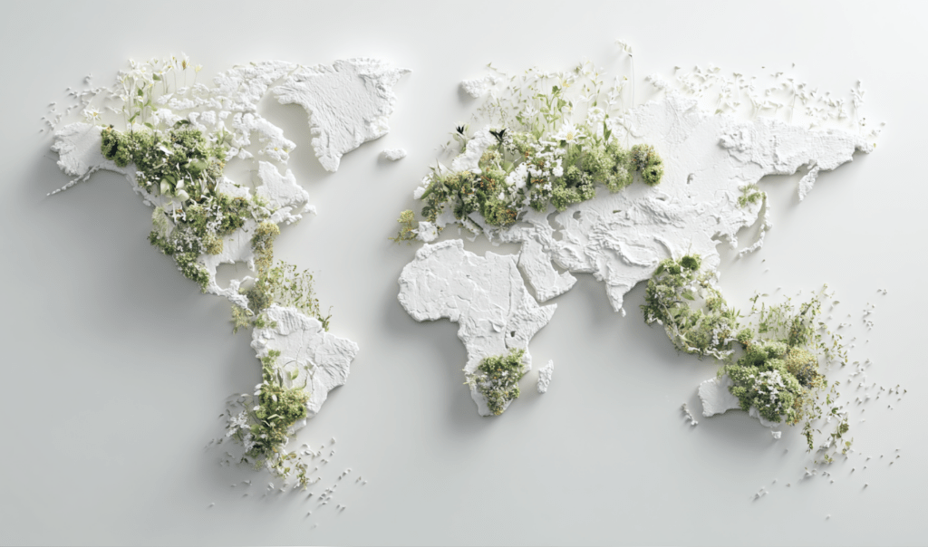 A textured white world map with green plants and flowers growing on various continents, symbolizing nature and growth.