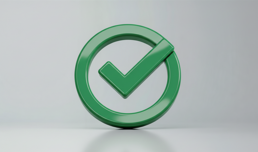 Green 3D checkmark inside a circular frame on a light gray reflective surface.