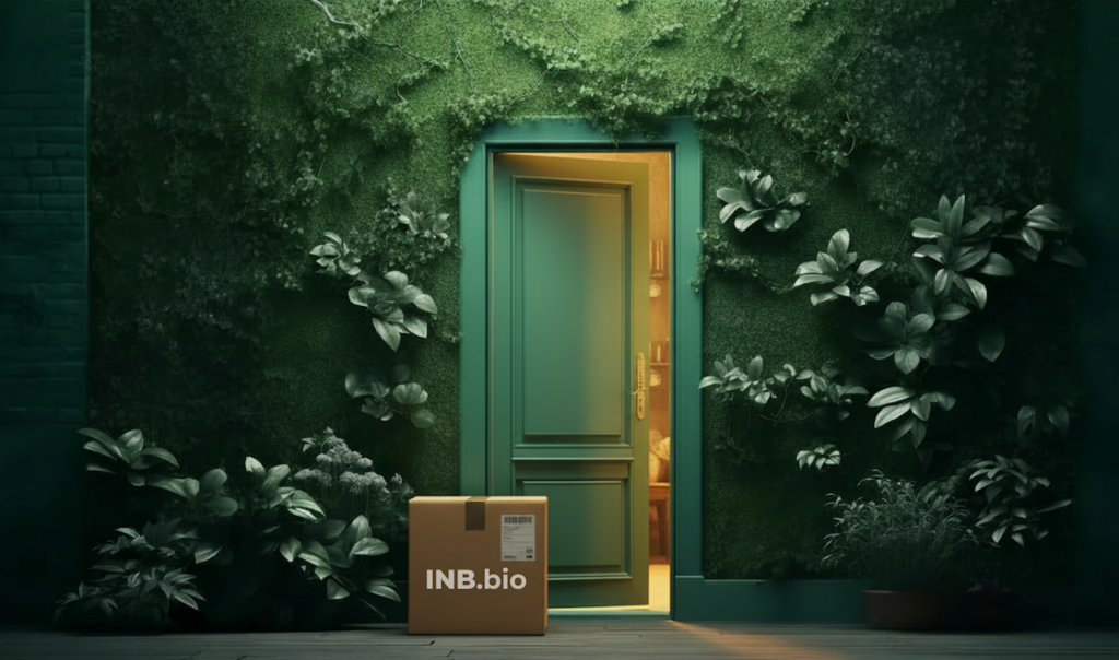 A green door slightly open with warm light inside, surrounded by lush green plants, and a package labeled "INB.bio" on the wooden floor.