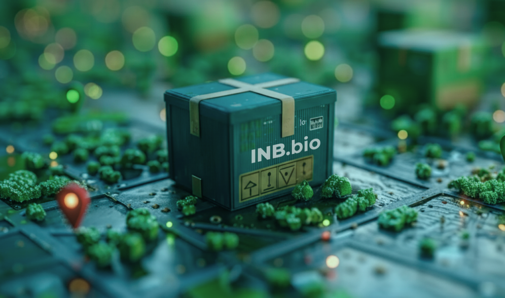 A close-up of a small, green package labeled "INB.bio" placed on a detailed map with scattered green foliage and a red location marker.