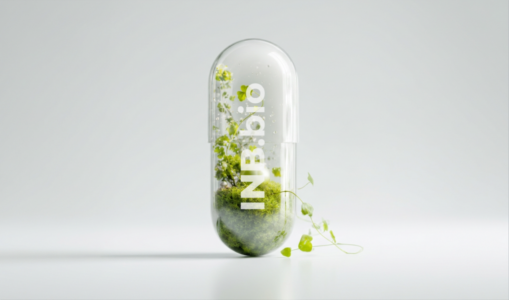 Clear capsule with green moss and small plants inside, labeled "INB.bio," on a light gray background.