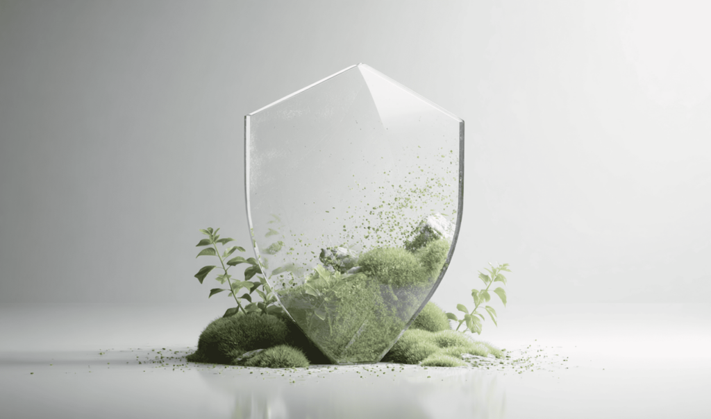 Transparent shield with green moss and small plants growing inside, symbolizing nature protection and environmental security.