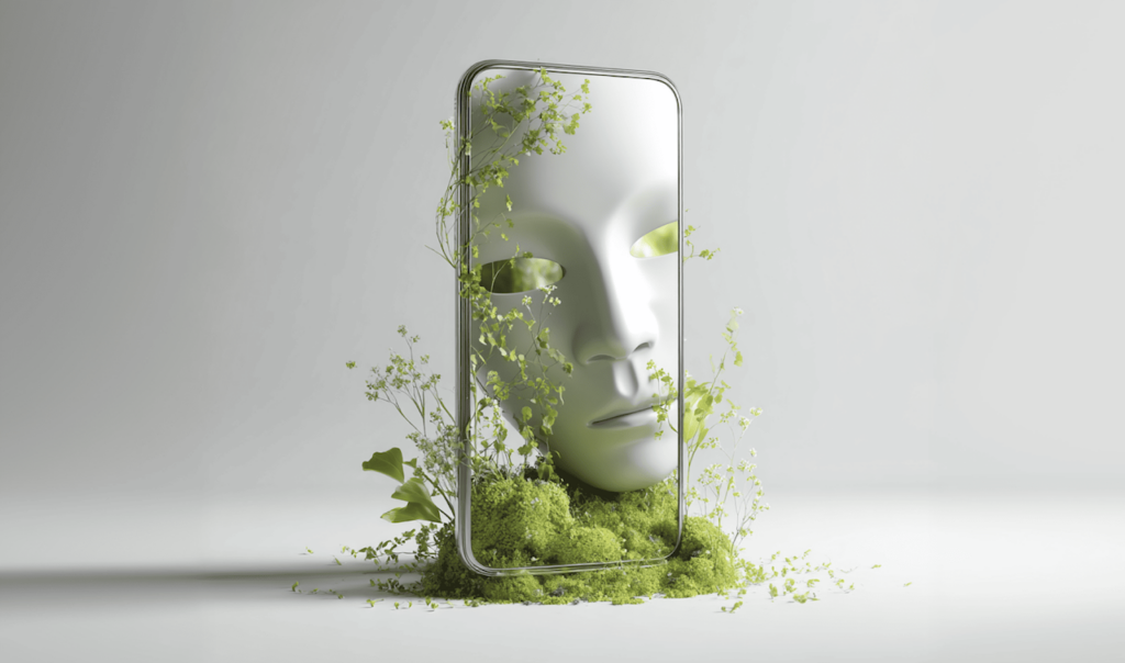 Smartphone with a blank screen surrounded by green moss and small plants on a light gray background.