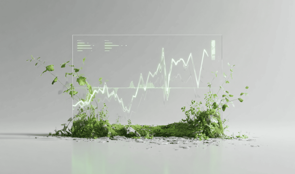 Transparent digital graph floating above green plants and moss on a minimal white surface with a gray background.