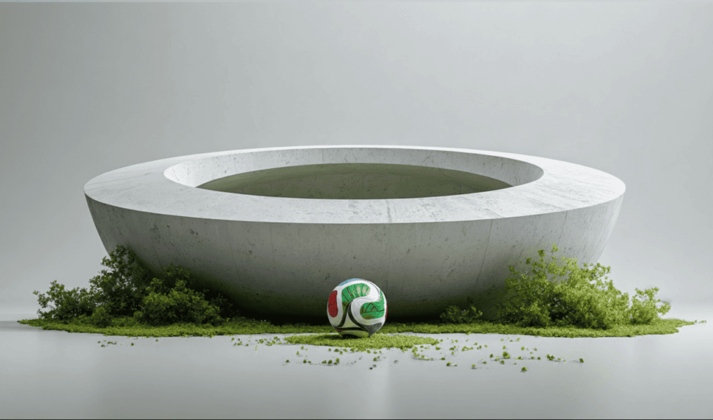 Minimalist concrete bowl-like structure filled with water, surrounded by green foliage and a colorful soccer ball in front.