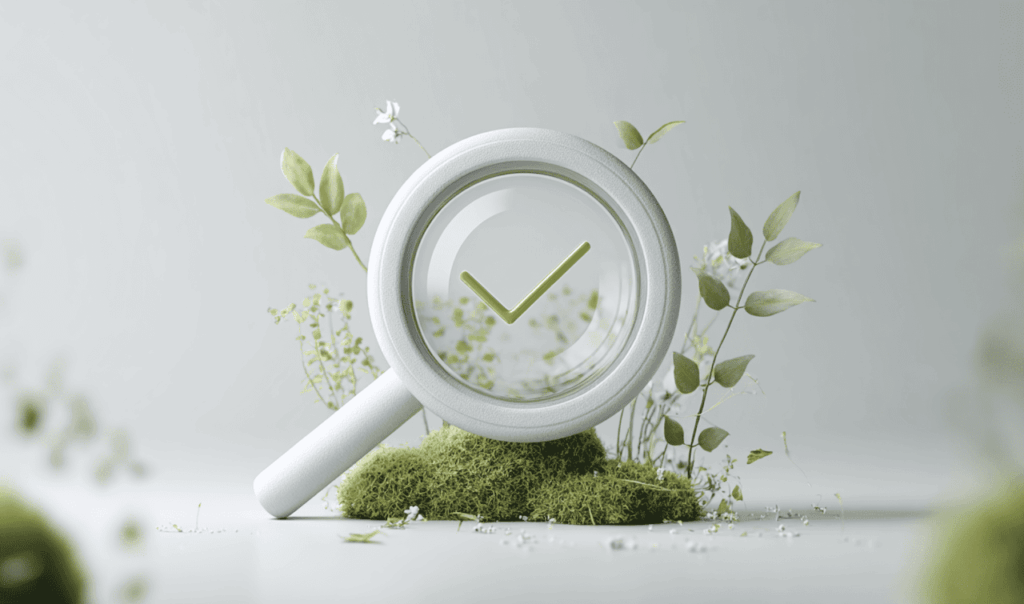 White magnifying glass with a green check mark inside, resting on green moss and surrounded by small leafy plants.