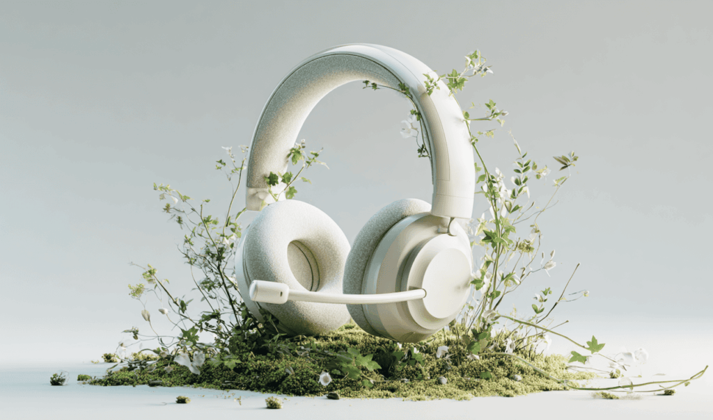 White over-ear headset with microphone placed on a bed of green moss and white flowers against a light gray background.