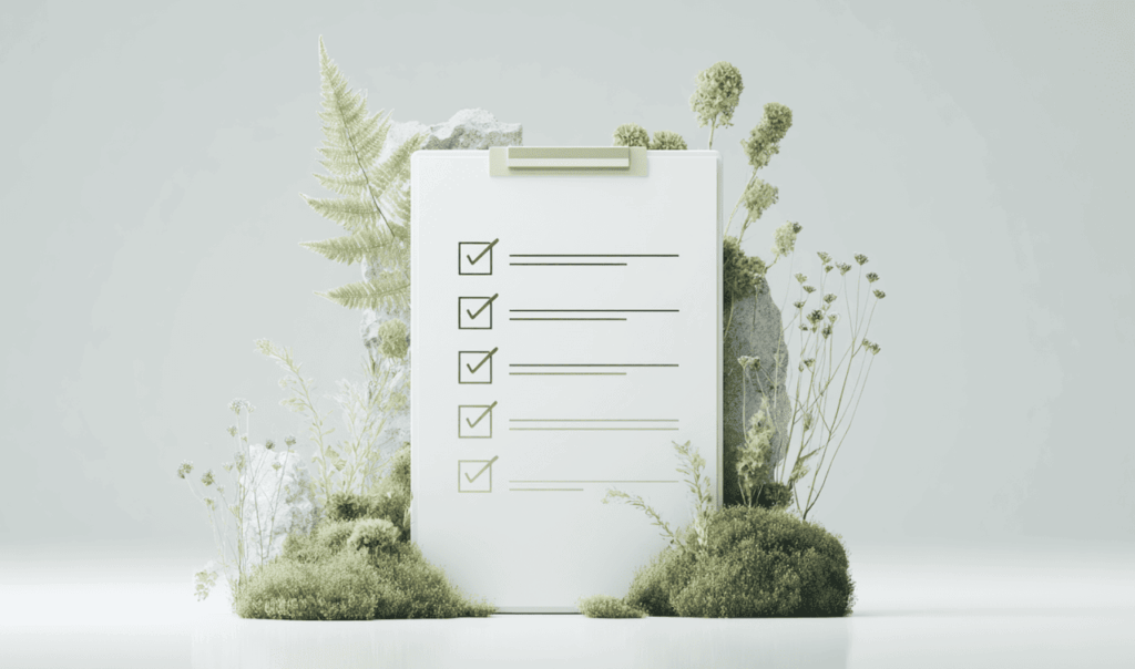 Clipboard with a checklist of five items, four checked, surrounded by green plants and moss in a minimalistic setting.