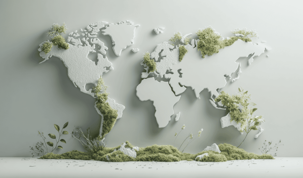 3D world map on wall with green moss and plants growing on and around continents, symbolizing nature and environmental growth.