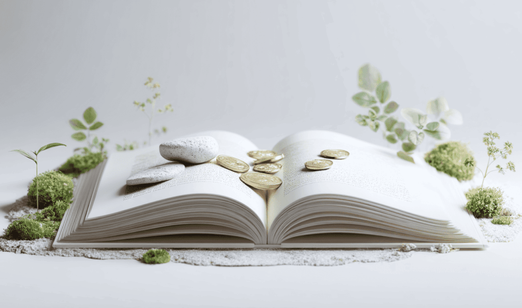 Open book with gold coins and white stones on pages, surrounded by small plants and moss on a white surface.