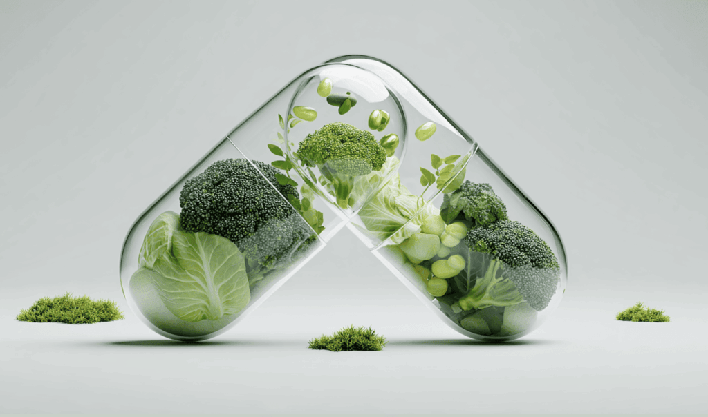 Two transparent capsules filled with green vegetables like broccoli and lettuce, symbolizing natural supplements.