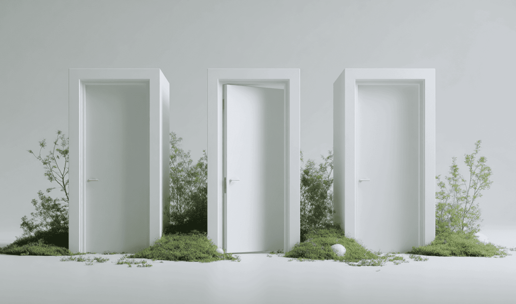 Three white doors in large frames surrounded by green plants, with the center door slightly open against a neutral background.