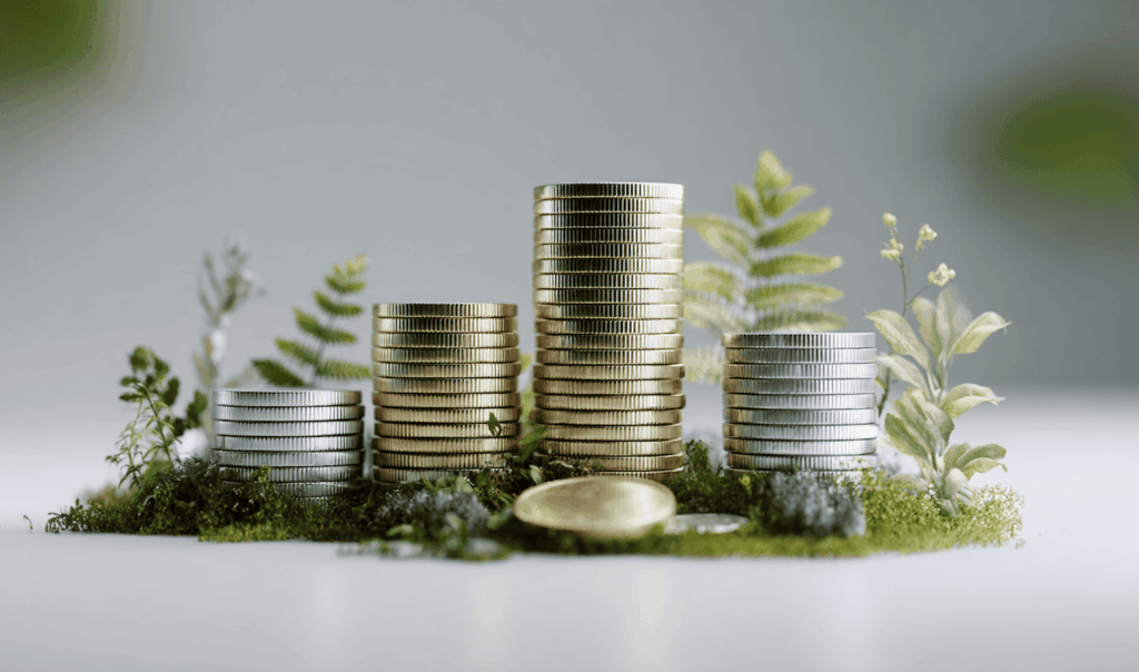 Stacks of gold and silver coins arranged on moss with small plants against a gray background.