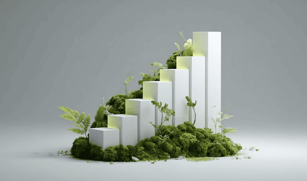 White ascending bar graph covered with green moss and plants on a light gray background.
