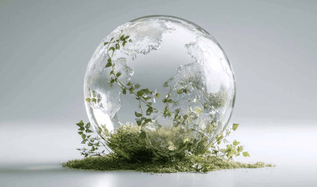 A transparent glass globe with continents outlined, surrounded by green vines and moss on a gray surface.