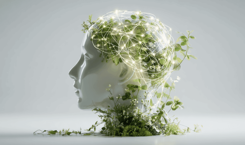 A white bust covered in green plants and glowing interconnected light strands on a neutral background.