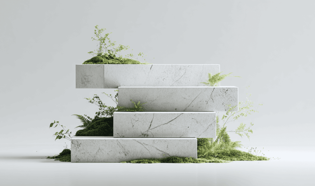 Stacked white marble blocks with green moss and small plants growing around and between them on a light background.