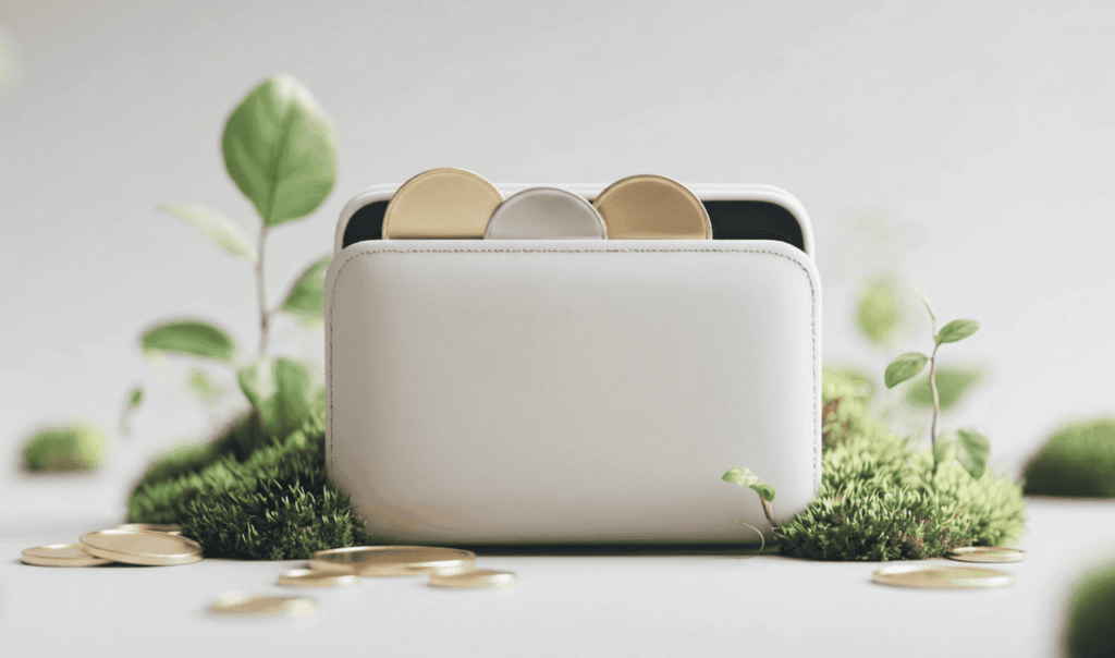 White wallet with gold coins inside, surrounded by green moss and small plants on a light background.