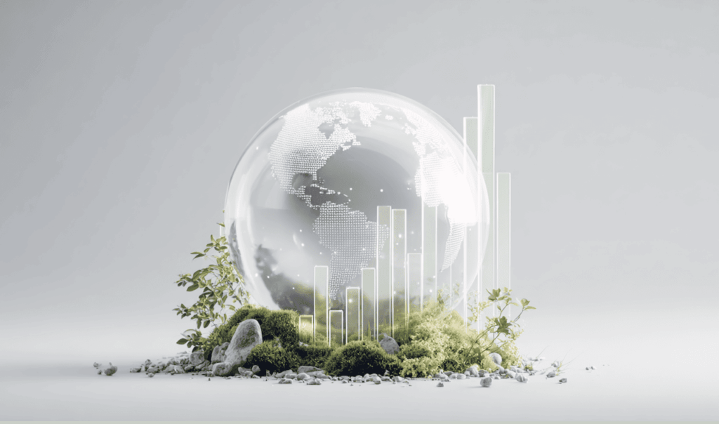 Transparent globe with a world map surrounded by greenery and illuminated ascending bar charts on a rocky surface.