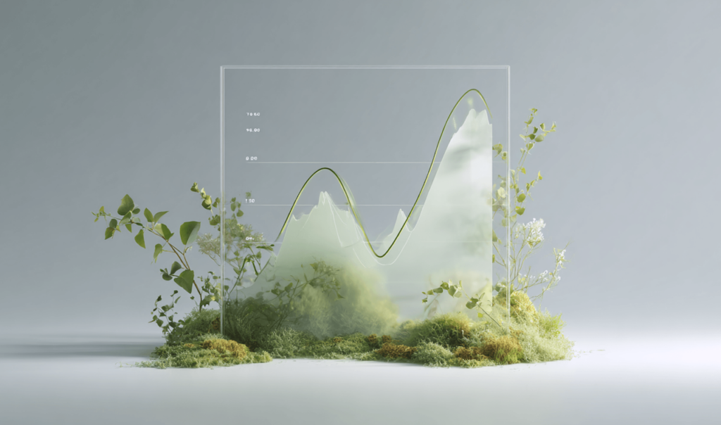 Transparent graph chart with green line and data points, surrounded by moss and leafy plants on a light gray background.