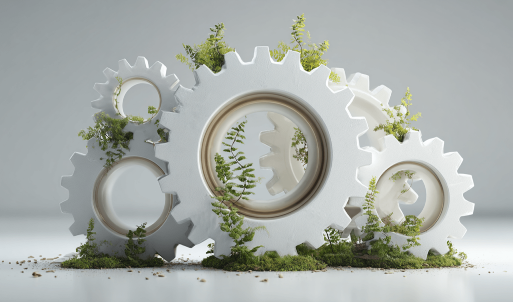 White interlocking gears partially covered with green plants and moss on a smooth surface against a neutral background.