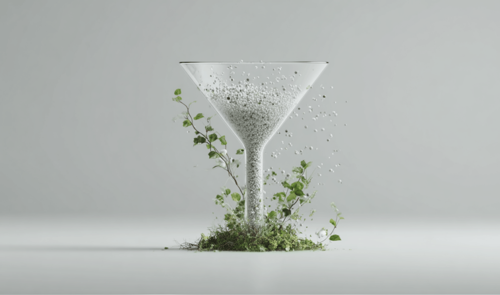 Transparent martini glass filled with small white balls, surrounded by green plants on a light gray background.