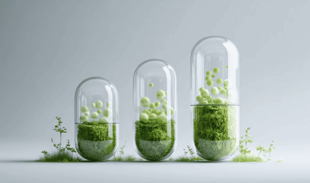 Three transparent capsules containing green plants and floating green spheres, symbolizing eco-friendly or natural medicine.
