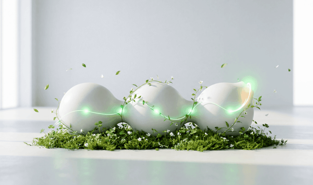 Three smooth white organic-shaped objects connected by a glowing green line, surrounded by green moss and small plants on a bright surface.