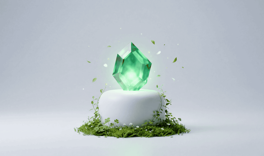 A glowing green crystal floating above a white stone pedestal surrounded by green moss and small plants on a gray background.