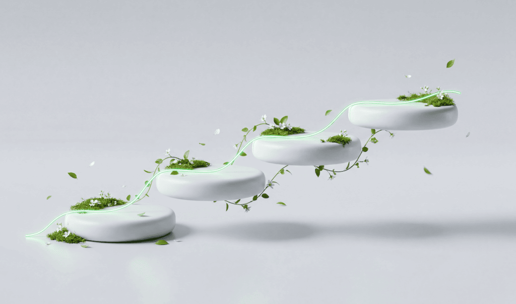 White circular platforms arranged as ascending steps with green moss, leaves, small flowers, and a glowing green line connecting them.