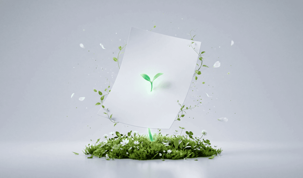 A glowing green sprout growing from a paper sheet surrounded by grass, leaves, and white flower petals on a gray background.