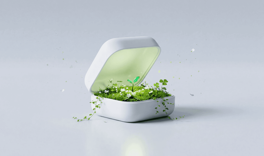 White open ring box filled with green moss, small plants, white flowers, and glowing young sprout inside.