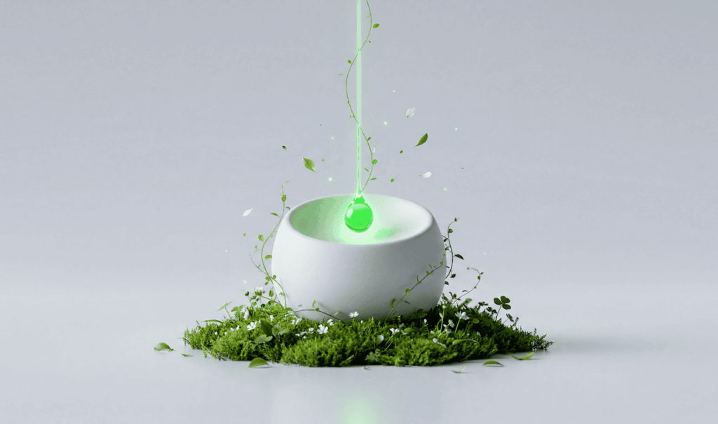 A glowing green droplet suspended above a white bowl surrounded by lush green moss and small white flowers.