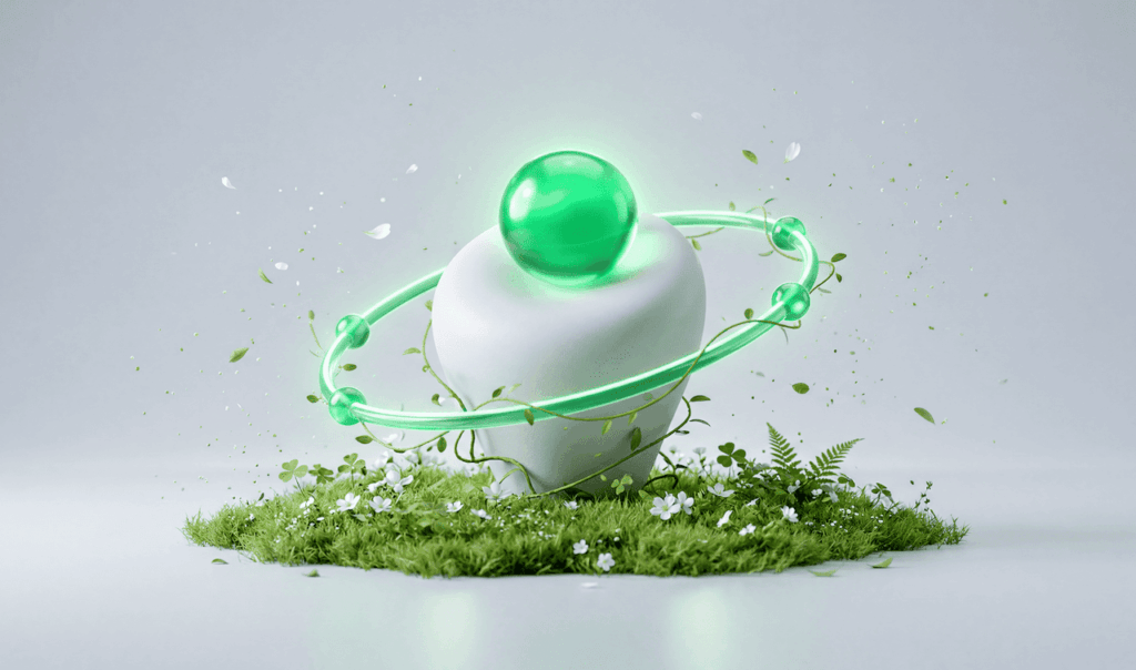 White tooth with a glowing green sphere and orbits, surrounded by small plants and flowers on a patch of grass.