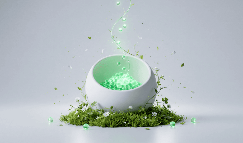 White bowl filled with glowing green orbs, surrounded by moss, white flowers, and floating green leaves on a gray background.