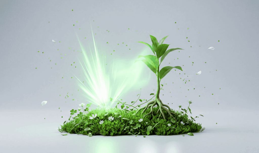 A small green plant with visible roots growing from moss, surrounded by glowing green light and floating particles on a plain background.