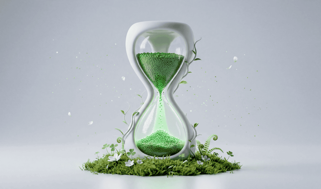 Hourglass with green sand surrounded by moss, small plants, and white flowers on a light gray background.