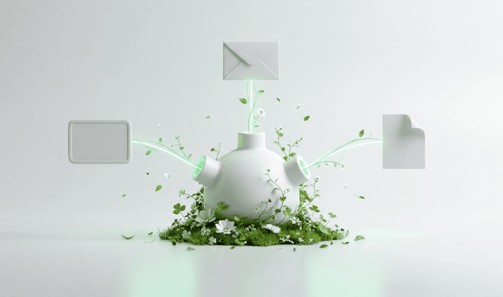 A white spherical vase with three spouts emitting green glowing lines connecting to an envelope, a blank screen, and a document, surrounded by plants.