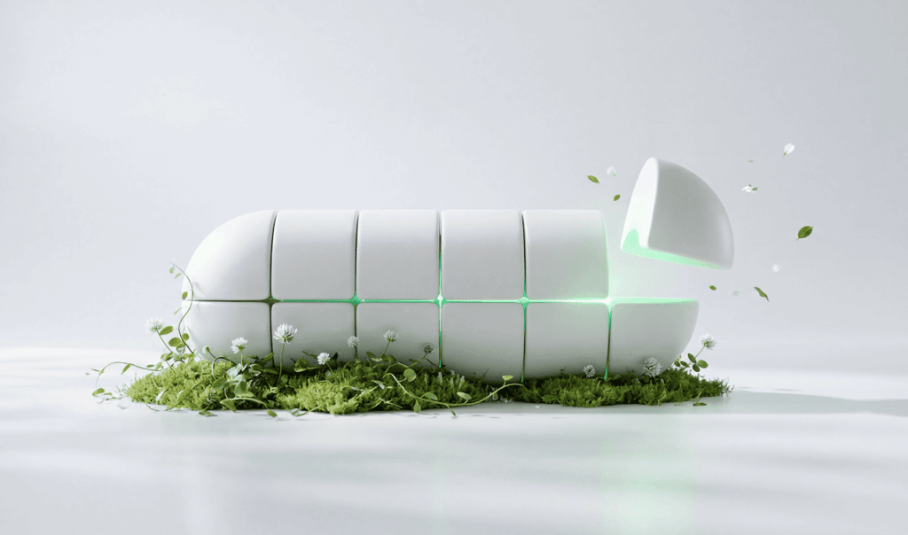 White segmented capsule pill partly open with green light inside, resting on green moss and small white flowers on a white surface.
