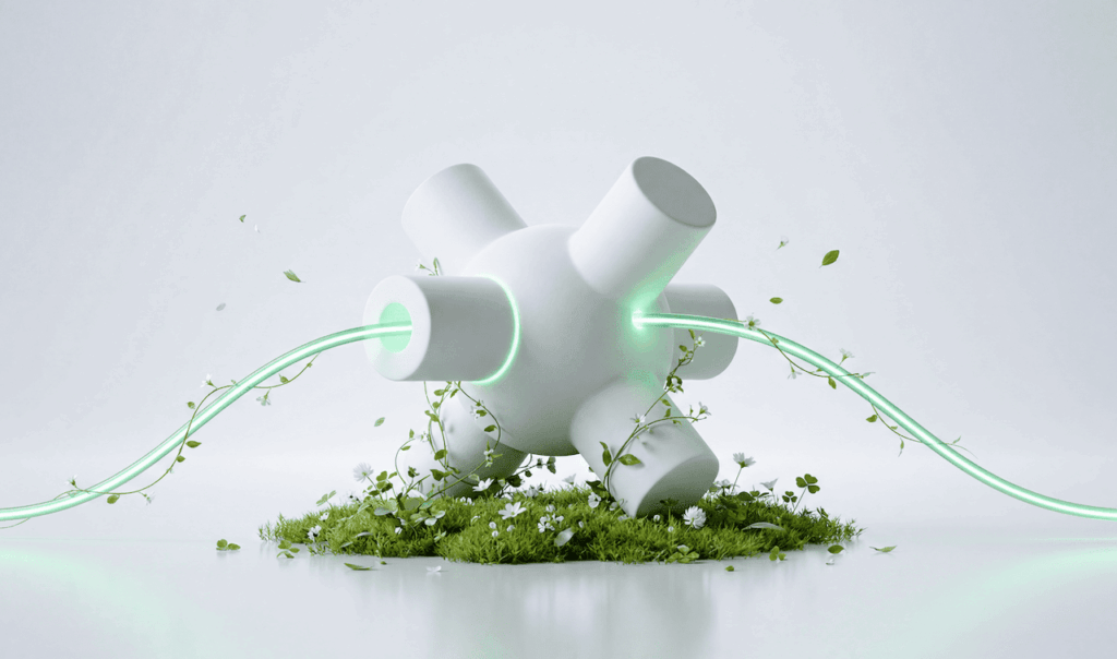 Abstract white spherical object with cylindrical protrusions, glowing green tubes connecting through it, surrounded by grass and small white flowers.