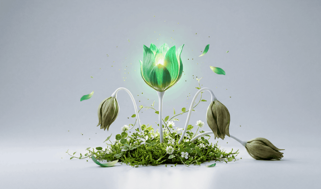 A glowing green flower blooming in the center, surrounded by wilted flowers and green foliage on a light gray background.