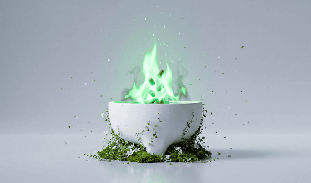 White bowl emitting green flames with floating pellets, surrounded by moss and small white flowers on a light gray surface.