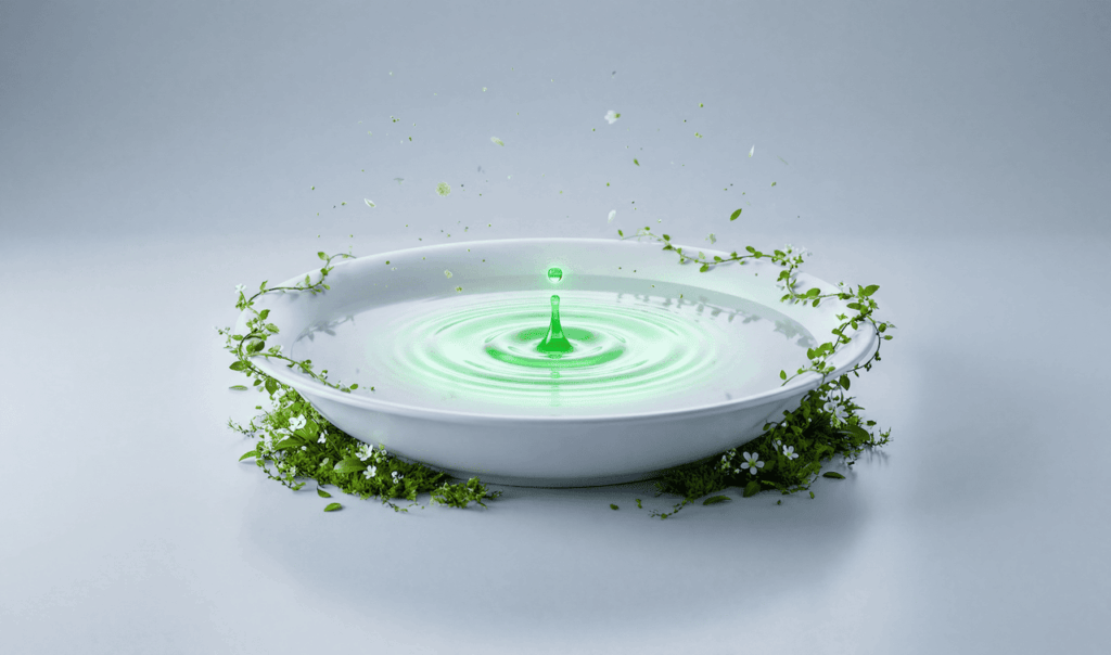White bowl filled with glowing green liquid, surrounded by small green plants and flowers, with a droplet splash in the center.