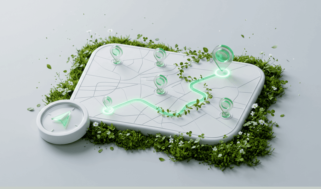 3D map with glowing green route and location pins, surrounded by green moss and white flowers on a light background.