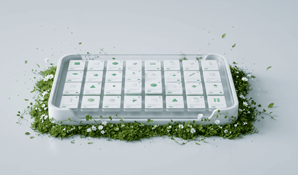 A white board with various green geometric icons, surrounded by green moss and small white flowers on a light surface.