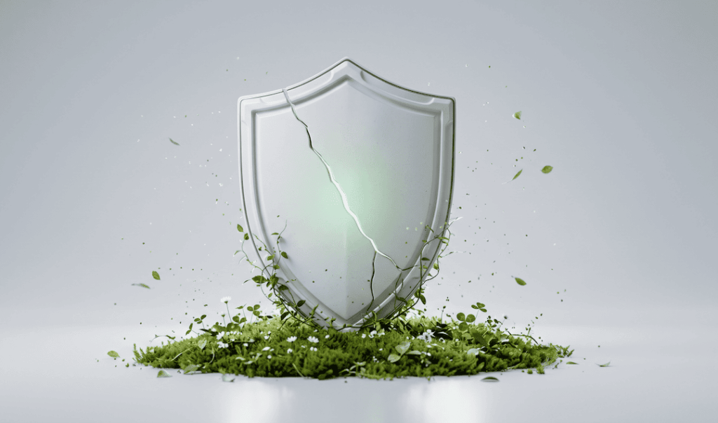 A cracked silver shield stands on a bed of green grass and small white flowers with leaves floating around it.
