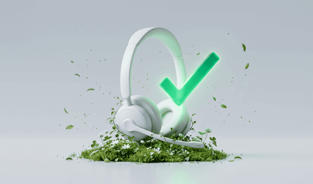 White headset with microphone resting on grass and flowers, surrounded by floating leaves and a glowing green checkmark.