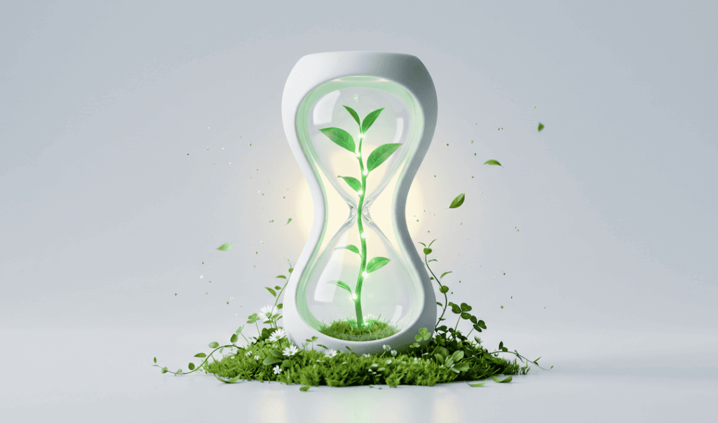 Hourglass with a green plant growing inside, surrounded by grass and small flowers on a light background.