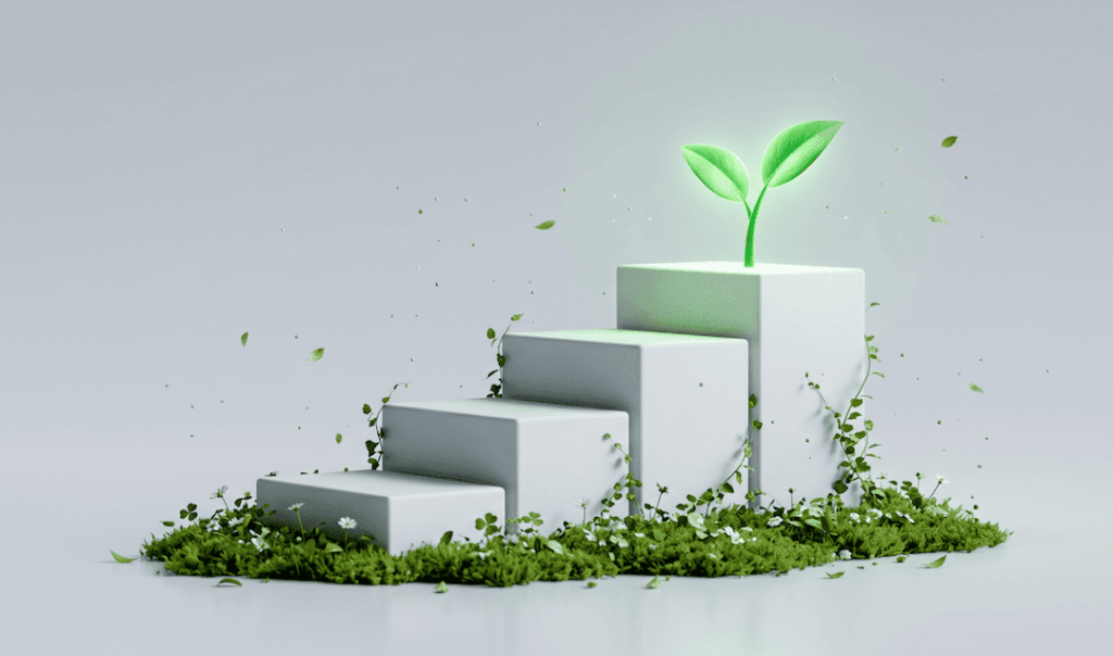 White ascending blocks with green plants and vines growing around them, symbolizing growth and progress.