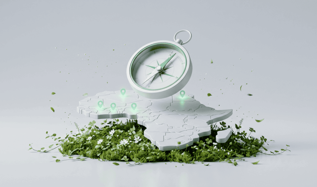 3D illustration of an Africa map with green location pins, greenery beneath, and a silver compass hovering above.